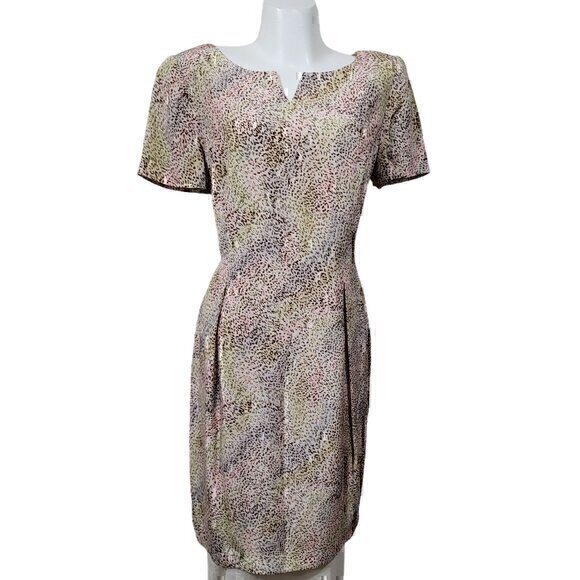 Maggy London 100% Silk Neutral Rainbow Animal Print Dress 14 Short Sleeve - Picture 1 of 9